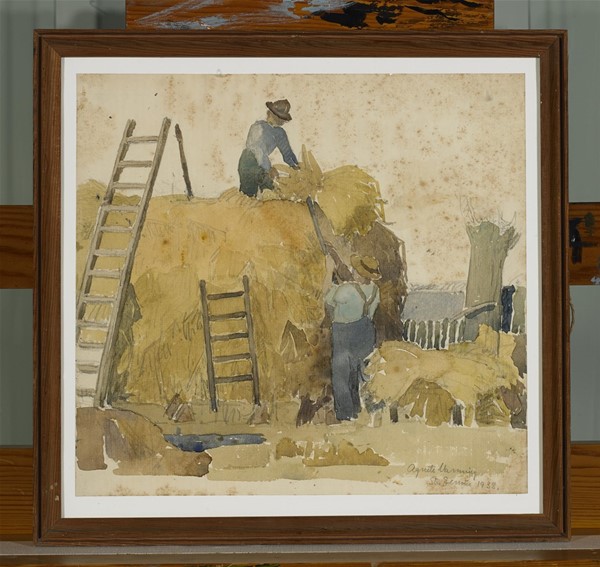 Akvarel: To mænd arbejder med at stakke halm